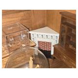 Lot of  Miniature Doll House Accessories - Corner Brick Fireplace, Vintage Spinning Wheel, Tile Stove / Ovne, Dining Chair, Spade and Hoe, Buffet, Wall Clocks, Musical Instruments Under Glass Dome