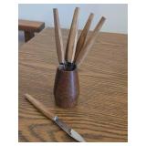 Mid Century Modern Series Teak Wood Fruit / Cheese Knife Set with Holder Set of 6 by Justin Rostfrei (Soligren Germany)