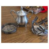 (1) Pewter Sugar Bowl 6", (1) Dragon Fly theme Metal Candle Holder 5"D, (1) Silverplate Wine Bottle Coaster with Pierced Gallery Edge and Engraved Floral Design 4"