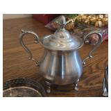 (1) Pewter Sugar Bowl 6", (1) Dragon Fly theme Metal Candle Holder 5"D, (1) Silverplate Wine Bottle Coaster with Pierced Gallery Edge and Engraved Floral Design 4"