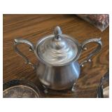 (1) Pewter Sugar Bowl 6", (1) Dragon Fly theme Metal Candle Holder 5"D, (1) Silverplate Wine Bottle Coaster with Pierced Gallery Edge and Engraved Floral Design 4"