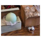 (2) 3" Partylite Ball Candles Honeydew / Mint, (9) 1-1/2"D Silver Ball Candles (in original packaging)