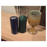(1) Janel Handmade Stoneware Goblet, (2) Candles