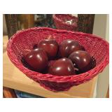 Hand Turned Solid Hardwood Red Painted Apple Décor Set of 5 with Red Wicker Basket