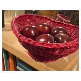 Hand Turned Solid Hardwood Red Painted Apple Décor Set of 5 with Red Wicker Basket