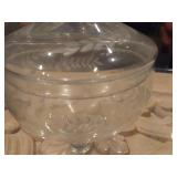 Etched Glass Covered Pedestal Candy Dish