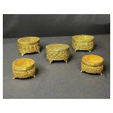 Set of 5 Vintage Ornate Gold Tone Filigree Jewelry Trinket Boxes