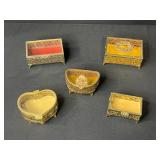 Set of 5 Vintage Ornate Brass and Glass Jewelry Trinket Boxes