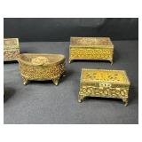 Set of 5 Vintage Ornate Brass and Glass Jewelry Trinket Boxes