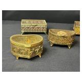 Set of 5 Vintage Ornate Brass and Glass Jewelry Trinket Boxes