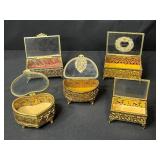 Set of 5 Vintage Ornate Brass and Glass Jewelry Trinket Boxes