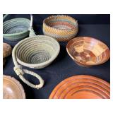 Collection of 7 Handcrafted Wooden and Woven Decorative Bowls and Baskets