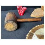 Mixed Decorative Lot: Driftwood Cross, Vintage Mallet, Animal Hide Plate, Red Resin Sculpture, Mini Foo Lion