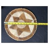 Mixed Decorative Lot: Driftwood Cross, Vintage Mallet, Animal Hide Plate, Red Resin Sculpture, Mini Foo Lion