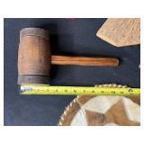 Mixed Decorative Lot: Driftwood Cross, Vintage Mallet, Animal Hide Plate, Red Resin Sculpture, Mini Foo Lion