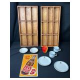 Collection of Airline China, Buffalo China Bowls, Vintage Root Beer Sign, Apple Jar, and Wooden Wall Shelves