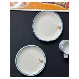 Collection of Airline China, Buffalo China Bowls, Vintage Root Beer Sign, Apple Jar, and Wooden Wall Shelves