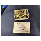 Assorted Hand Tools and Brushes with Box of Brass Fasteners