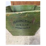 Antique Rodgers Grain Company Green Wood Bucket with Bar Clamps and Anvil