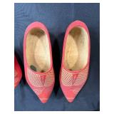 Decorative Red Wooden Dutch Shoes and Holiday Felt Stocking Set