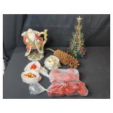Holiday Decor Lot with Fitz and Floyd Santa Pitcher, Metal Tree, Pinecone, and Assorted Ornaments