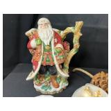 Holiday Decor Lot with Fitz and Floyd Santa Pitcher, Metal Tree, Pinecone, and Assorted Ornaments