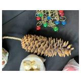 Holiday Decor Lot with Fitz and Floyd Santa Pitcher, Metal Tree, Pinecone, and Assorted Ornaments