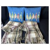 Set of 2 Decorative Bird Throw Pillows and 2 Plaid Scarves