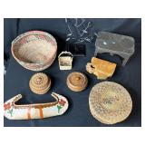 Collection of Vintage Woven Baskets, Decorative Boxes, and Wood Stool