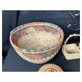 Collection of Vintage Woven Baskets, Decorative Boxes, and Wood Stool