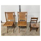 Set of 2 Wooden Folding Chairs and 1 Small Wooden Chair