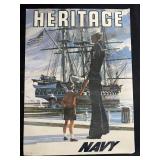 Collection of Artwork Pieces - Framed Paintings, Print, Carving, and Heritage Navy Poster