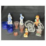 Collection of Vintage Figurines and Art Glass Including Florida Glass, Etched Pink Glass, and Crystal Paperweights