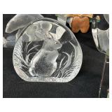 Collection of Vintage Figurines and Art Glass Including Florida Glass, Etched Pink Glass, and Crystal Paperweights