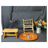 Decorative Dollhouse Miniature Furniture Set with Folk Art Plate and Faux Floral Arrangement