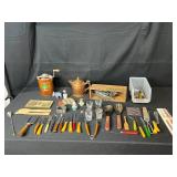 Vintage Kitchen and Utensil Lot with Ice Cream Maker, Copper Teapot, and Collectibles