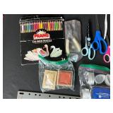 Crafting Lot Including Scissors, Paper Trimmers, Colored Pencils, Rulers, Tape, and More