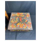 Set of 3 Hand-Painted Scandinavian Folk Style Wooden Stools and Box
