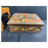 Set of 3 Hand-Painted Scandinavian Folk Style Wooden Stools and Box