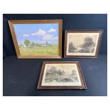 Framed Landscape Artwork Lot: Lillemark Signed Oil Painting & 2 B.Thomas Etchings