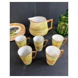 Vintage Hand Painted China Lot with Plates, Pitcher, Mugs, and Green Glass Jar - inc Nippon