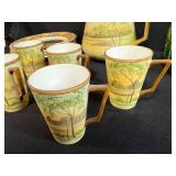 Vintage Hand Painted China Lot with Plates, Pitcher, Mugs, and Green Glass Jar - inc Nippon