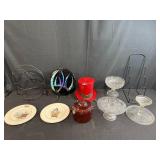 Collection of Decorative Stands, Glass Compotes, Red Top Hat and Crock Pot