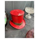 Collection of Decorative Stands, Glass Compotes, Red Top Hat and Crock Pot