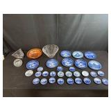 Collection of Orrefors Sweden Crystal, Carnival Glass Bowl, and Blue Commemorative Plates