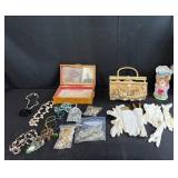 Vintage Jewelry Lot with Shell Purse, Gloves and Decorative Box