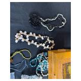 Vintage Jewelry Lot with Shell Purse, Gloves and Decorative Box