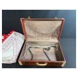 Vintage Brown Suitcase with Red and White Handmade Quilt