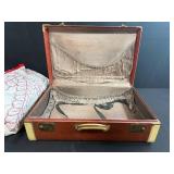 Vintage Brown Suitcase with Red and White Handmade Quilt