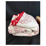 Vintage Brown Suitcase with Red and White Handmade Quilt